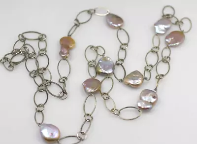 Vintage Silver Tone Baroque Freshwater Coin Pearl Chain Link Long Necklace 42  • $9.50