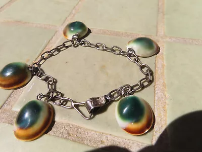 Vintage Signed SILVER MEXICO Operculum Eye Shell Charm Bracelet • $39.99