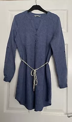 Ladies Denim Blue Chambray Linen Blend Longline Belted Tunic Shirt Size 8 • £9.80