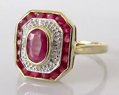 Gold Diamond Ring - Vintage 9ct Gold Ruby Diamond Octagonal Cluster Ring Size N • £225