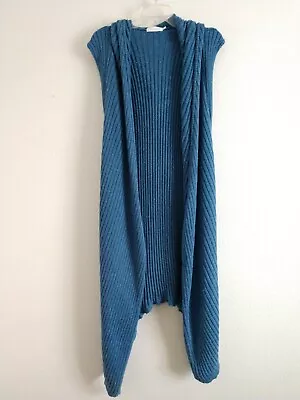 Irelax I Relax Long Maxi Sweater Duster Hoodie Sleeveless Open Front Blue Size L • $29