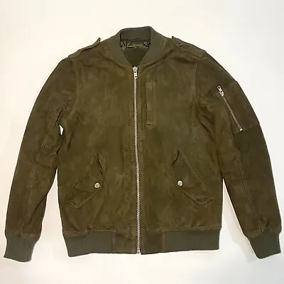 Asos Suede Leather Olive Full Zip Pockets Bomber Jacket Men's Size XS • $79.90