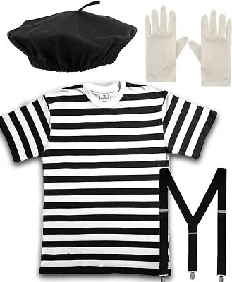 Kids French Mime Artist Kit Black Beret Hat T-Shirt White Gloves & Braces • £16.95