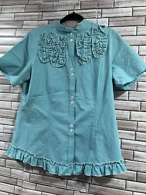 Lize Claiborne Women 12 Blouse  Blue Full Button Up Ruffle Fitted Collar Vintage • $29.99