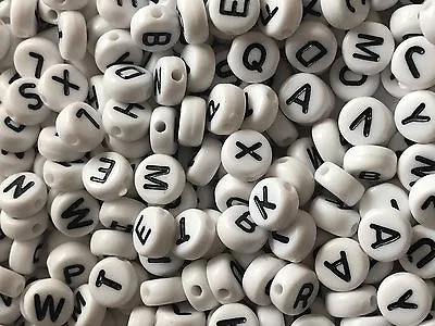 200 WHITE Round Coin Acrylic Alphabet Letters Beads Single A-Z Or Mixed.   4x7mm • £2.45