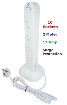 10 Gang 2 Meter Extension Lead Cable Tower Surge Protection UK Mains Plug Socket • £13.95