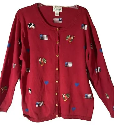 Vintage The Quacker Factory Cardigan Sweater Flags Chicken Cows Woman’s Size 1X • $15.92