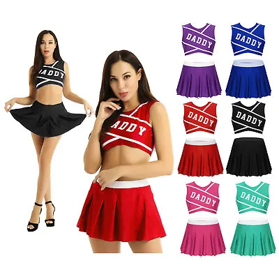 Women Cheerleading Uniform 2pcs Outfit Crop Top With Pleated Mini Skirt Costumes • £23.42