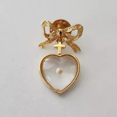 Mustard Seed Pin Brooch Gold Bow Dangle Heart • $14.94