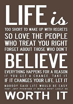 Life Is Too Short To Wake Up With Regrets Quote POSTER Print A4 A3 Buy 2Get1FREE • £6.99