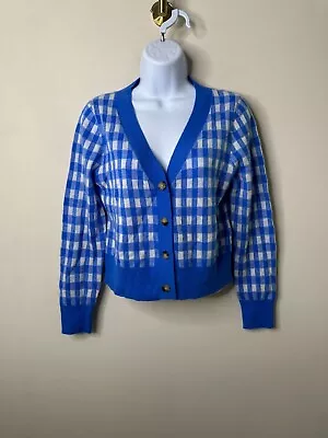 J. Crew Blue Gingham Cropped V Neck Cardigan Sweater Cashmere Women's Small • $26