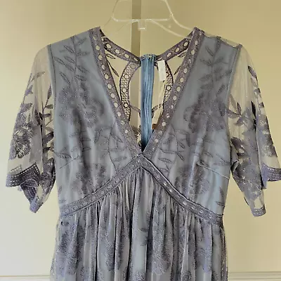 Pink Blush Women's Maxi Dress Lace Mesh Overlay Large Smokey Blue V-Neck NEW • $39.99