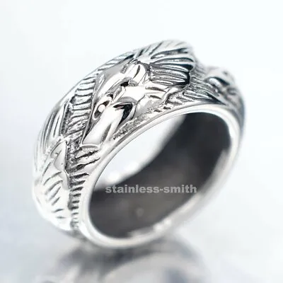 Mens Irish Celtic Wolf Head Band Ring For Men Stainless Steel Size 7 8 9 11-15 • $15.99