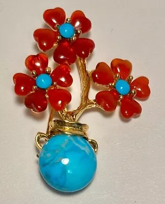 Swoboda Flower Vase Brooch ~ Heart Shaped Carnelian Turquoise ~ Gorgeous! • $79
