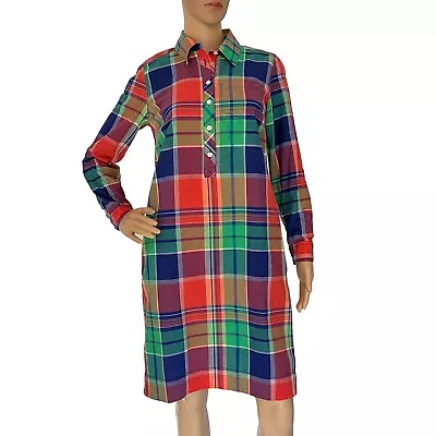 Talbots Petites Dress Long Sleeve Madras Plaid Pocket Roll-up-Sleeve Size 2 • $29.88