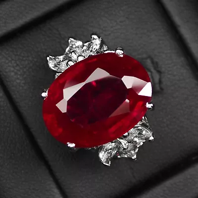 Entrancing Blood Red Ruby Oval 22.7Ct 925 Sterling Silver Handmade Rings Size 5 • $44.99