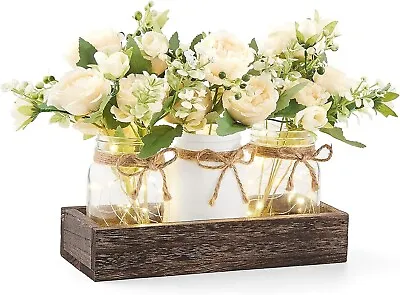 Mason Jar Lights Centerpiece For Farmhouse Coffee Table - Wood Tray With 3 Jars • $9.95