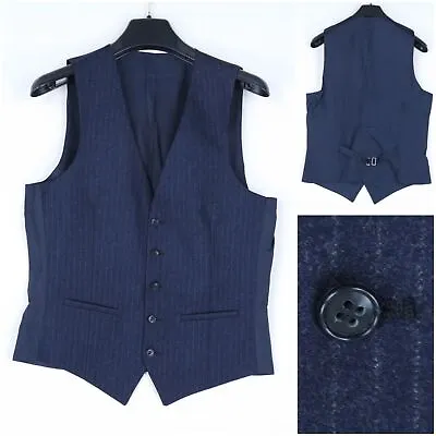 Mens Waistcoat Small Size US 36 Vintage Blue Striped Formal Wool Dress Vest • $39.99