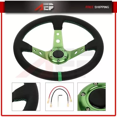 Deep Dish 350mm 6 Hole Green Leather Racing Steering Wheel & Horn Free Shipping • $28.79