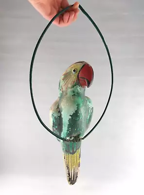 Vintage Folk Art Hand Carved Parrot Green With Red Beak And Wire Perch • $49.99