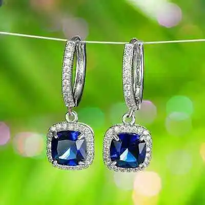 14k White Gold Plated 2Ct Cushion Lab Created Blue Sapphire Drop Dangle Earring • $155.88