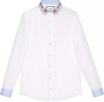 Men’s GUCCI White Stripe Poplin Embroired Floral Collar Button Down Shirt 41/16 • $220