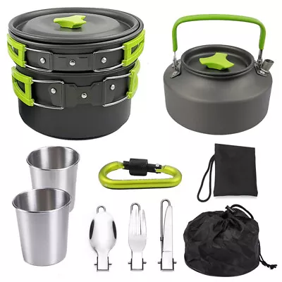 Camping Cookware Set Outdoor Hiking Cooking Pot Pan Portable Picnic Green • $35