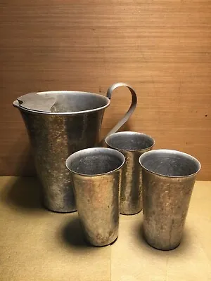 Vintage Aluminum By Gailstyn Hammered Metal Pitcher With Three Aluminum Glasses • $14.65