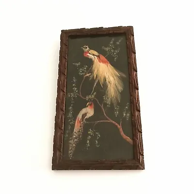 Mexico Feather Craft Folk Art Birds Hand Carved Wood Frame • $19.99