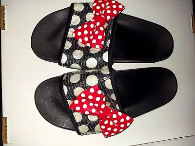 Disney Minnie Mouse Sequin Slides/ Sandals White Black Dots- Red Dotted Bow- Wom • $15.55