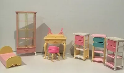 Lot Of 7 Mattel 1994-1996 Vintage Dollhouse Furniture Hutch Rolling Cart Vanity • $28.99