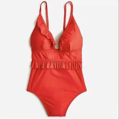 J. Crew NWT Ruffle Plunge One-Piece Swimsuit - Bright Cerise Red - Size 4 • $98