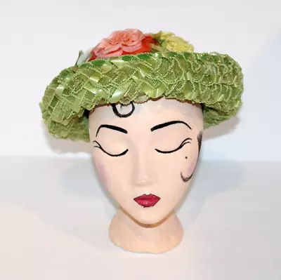 VTG Ladies Millinery Flower Hat Multi-Color Lime Green Mesh Ribbon Spring Easter • $22.99