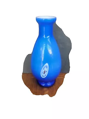 Vintage Murano Glass Vase Lavarazione Arte Cobalt Blue Cased W Millefiori  • $29