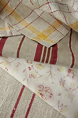 Antique Vintage French Fabric Coordinating Pieces ~ Lovely Ticking + Grain Sack  • $295