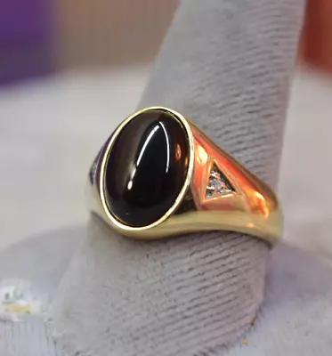 Vintage Men's 10K Yellow Gold Black Onyx Cabochon Diamond Ring Sz 12.5 • $474