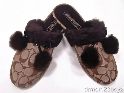 New NIB Coach Poppy Jayda Signature Fur Slippers Gift Khaki Brown Women's U.S. 5 • $64.99