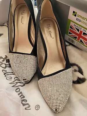 Black Suede Silver Diamante Diamond Heeled Court Shoes Size 6 Belle Inc New Heel • £3.99