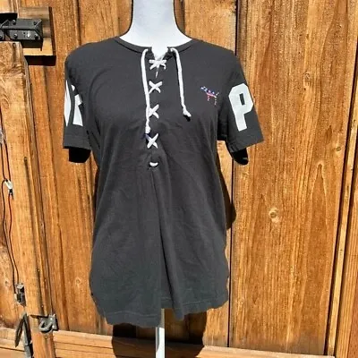 PINK Victoria’s Secret Small Black Cotton Lace Up Logo American Flag T-Shirt Top • $15.99