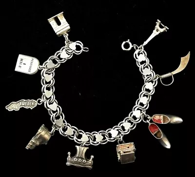 Vintage Sterling Silver Paris Ireland Sweden Heart TRAVEL Charm Bracelet 7.25  • $145