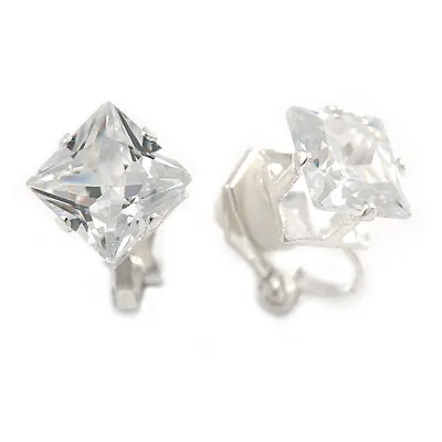 £7.90 • Buy Small Square Clip-on Earrings In Silver Tone/ Clear/ 8mm D
