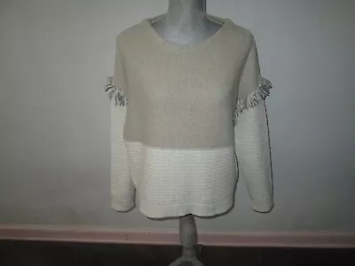 MADEWELL Ivory & Beige Colorblock Fringe Mix Pullover Sweater Size L *WORN 1 X • $29.99