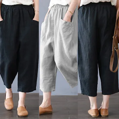 100%Cotton Womens Plain Cropped Pants Elasitc Waist Loose Summer Trousers Slacks • $22.54