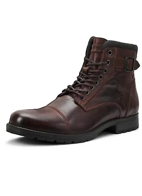 £87.99 • Buy JACK & JONES Mens Leather Boots Albany Shoe Brown Biker Round Toe High Boot
