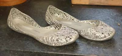 Melissa + Campana  Jelly Flat Shoes SILVER SPARKLE Sandals Size 7 EUR 37 • $27.99