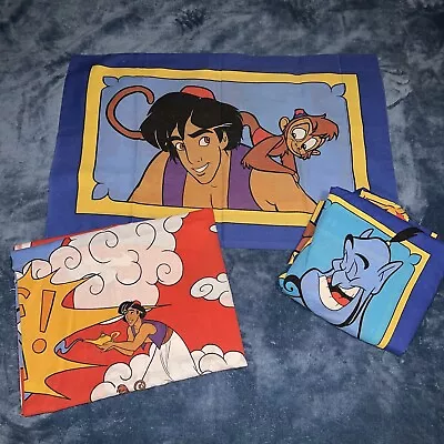 Vtg Disney Aladdin 3 Pc Twin Size Sheet Set Fitted Flat Fabric Pillow Case 90s • $25