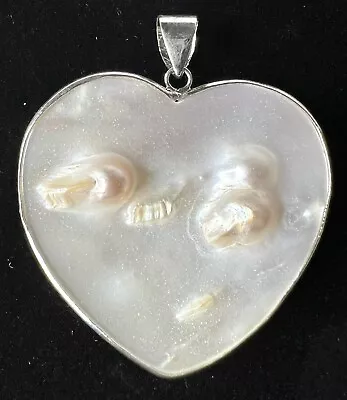 Silver Mabe Blister Pearls Heart Pendant Bezel Setting 1.75” • $29.99