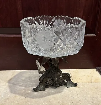 Vintage Cut Glass Crystal Compote Footed Ornate Brass Pedestal Serving Bowl • $69.99