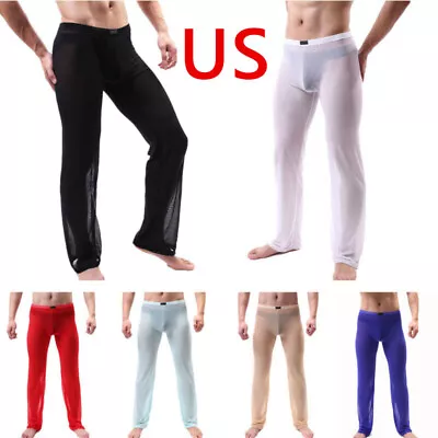 US Mens See Through Pants Transparent Sleep Bottoms Lounge Long Johns Trousers • $11.15