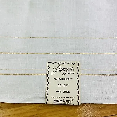 Vintage Paragon Needlecraft Linen Tablecloth 52” X 52” White Gold Stripes • $36